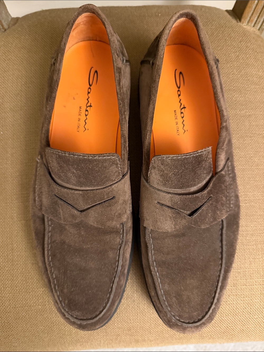 Santoni Brown Suede Penny Loafers with Orange Insoles